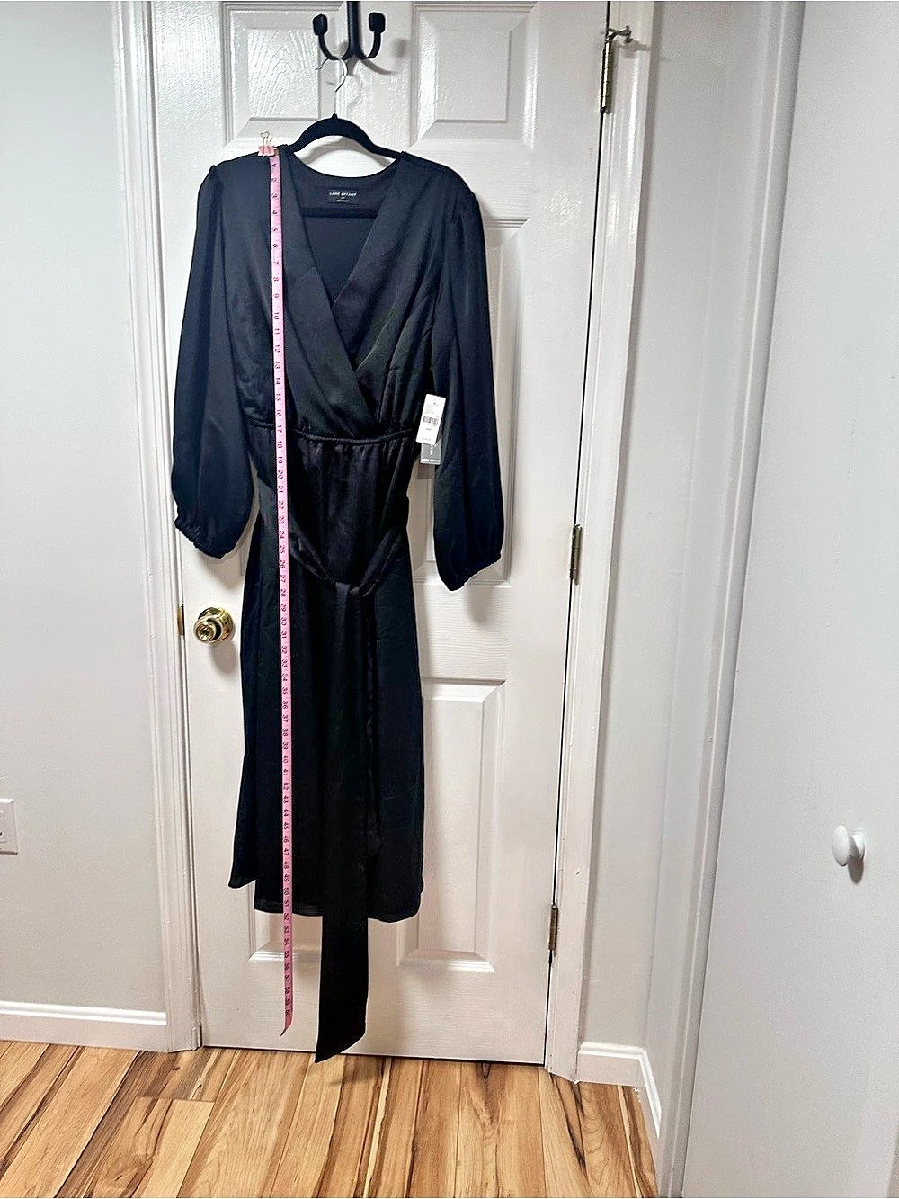 Lane Bryant Textured Satin Long-Sleeve Wrap-Skirt Midi Dress Black Wrap Front